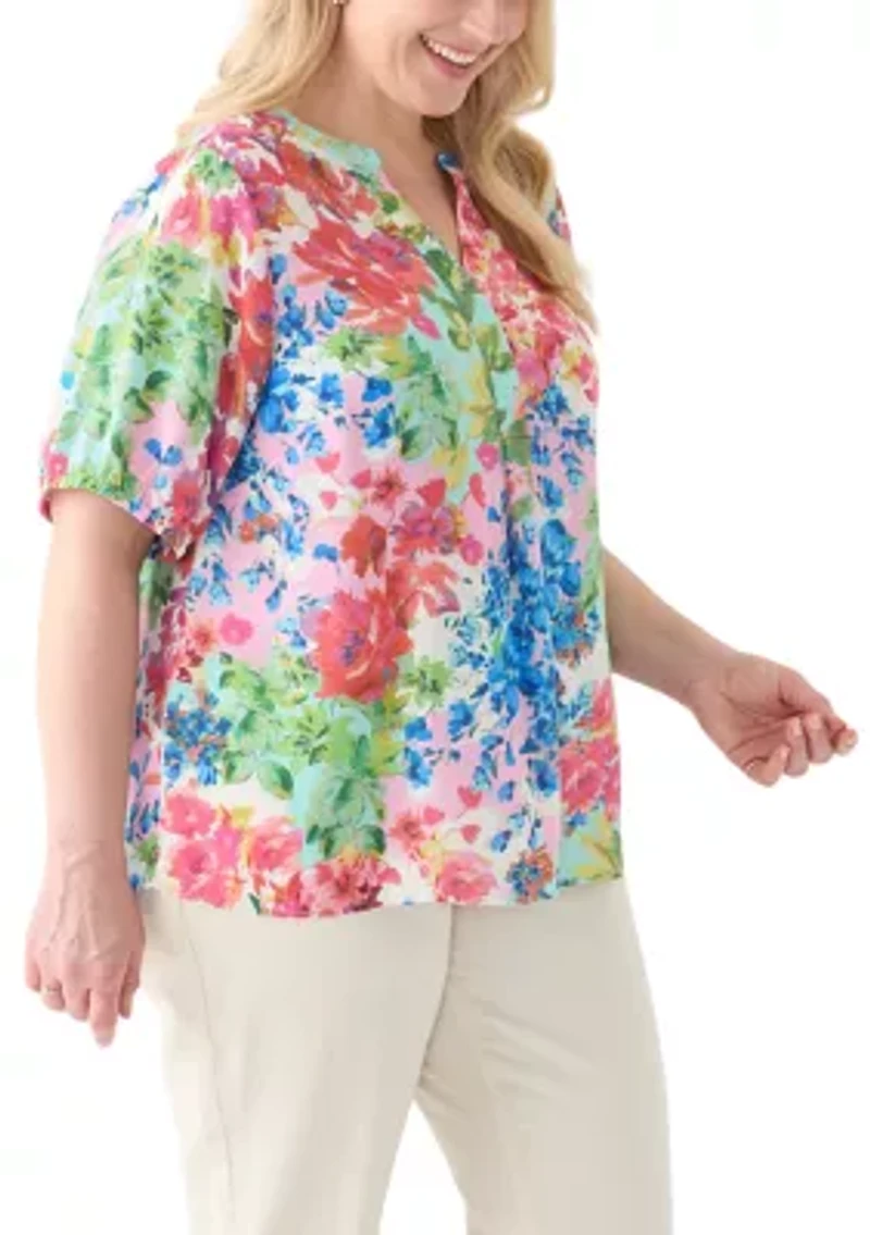Plus Elbow Sleeve Split Neck Woven Blouse
