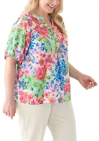 Plus Elbow Sleeve Split Neck Woven Blouse