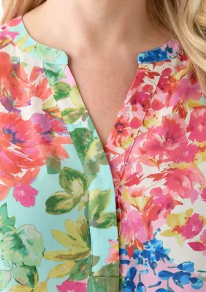 Plus Elbow Sleeve Split Neck Woven Blouse