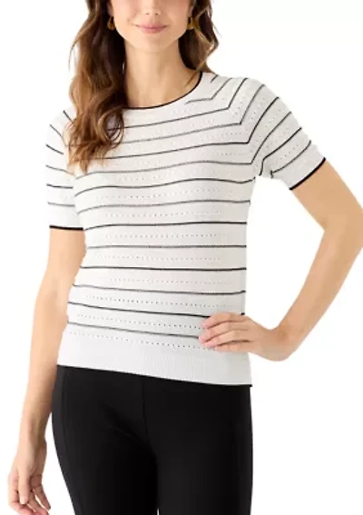 Women's Short-Sleeve Striped Pointelle Sweater