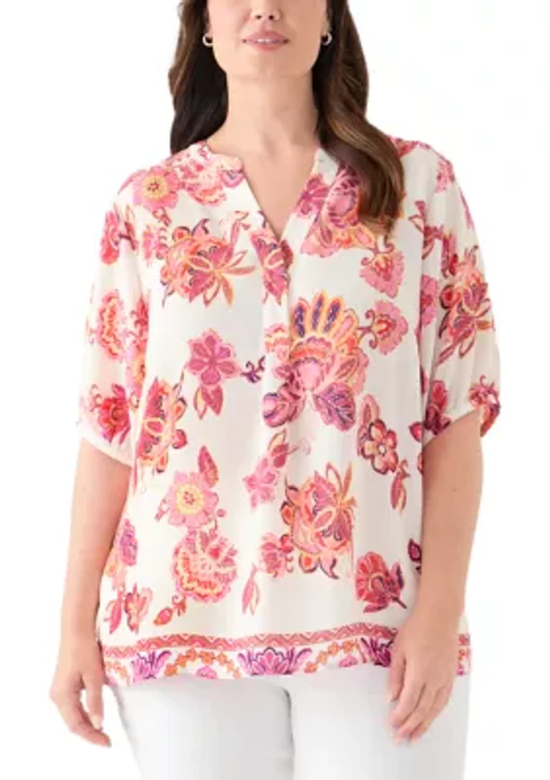 Plus Printed Elbow Sleeve Split Neck Top