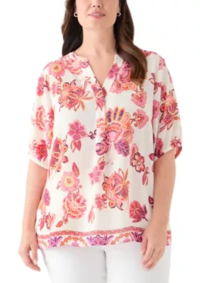 Plus Printed Elbow Sleeve Split Neck Top