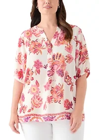 Plus Printed Elbow Sleeve Split Neck Top