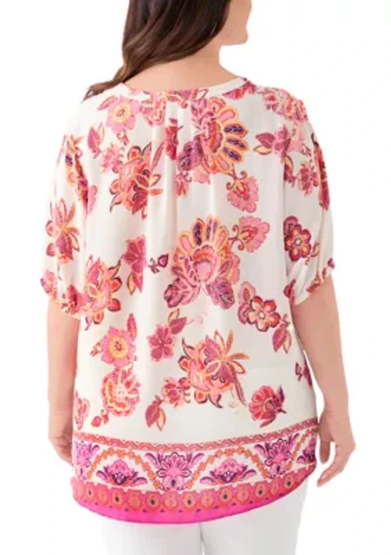 Plus Printed Elbow Sleeve Split Neck Top