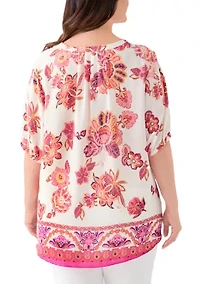 Plus Printed Elbow Sleeve Split Neck Top