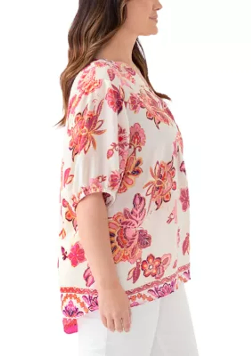 Plus Printed Elbow Sleeve Split Neck Top