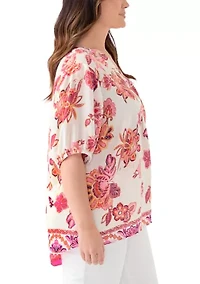Plus Printed Elbow Sleeve Split Neck Top