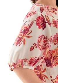 Plus Printed Elbow Sleeve Split Neck Top