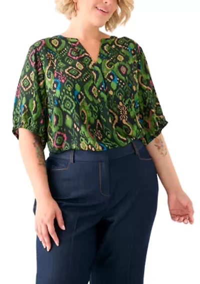 Plus Elbow Sleeve Split Neck Woven Blouse