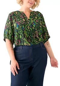 Plus Elbow Sleeve Split Neck Woven Blouse