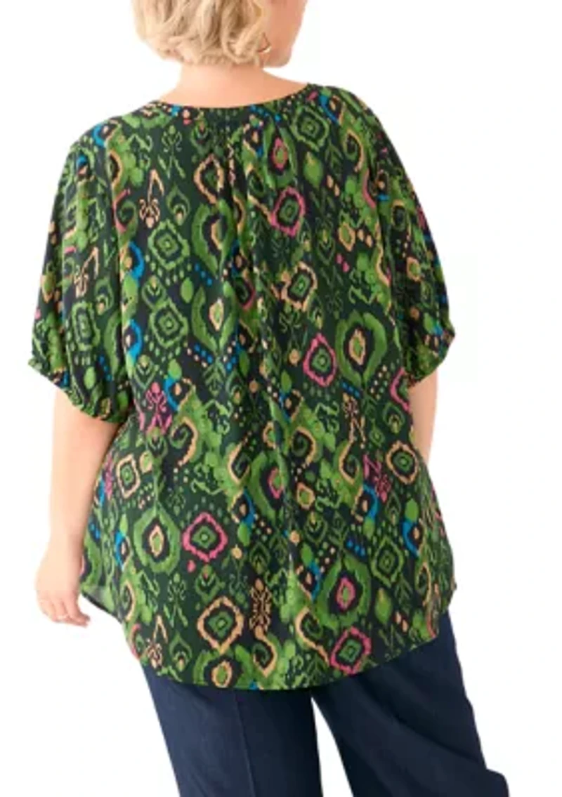 Plus Elbow Sleeve Split Neck Woven Blouse
