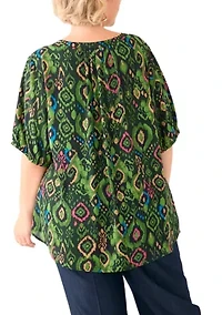 Plus Elbow Sleeve Split Neck Woven Blouse