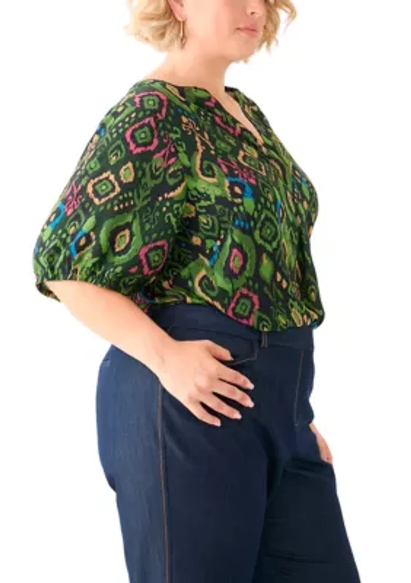Plus Elbow Sleeve Split Neck Woven Blouse