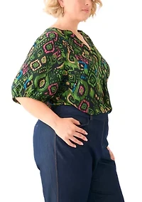 Plus Elbow Sleeve Split Neck Woven Blouse