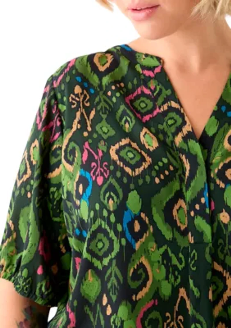 Plus Elbow Sleeve Split Neck Woven Blouse