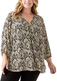 Plus 3/4 Sleeve Ornate Print Top