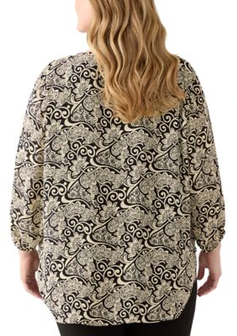 Plus 3/4 Sleeve Ornate Print Top
