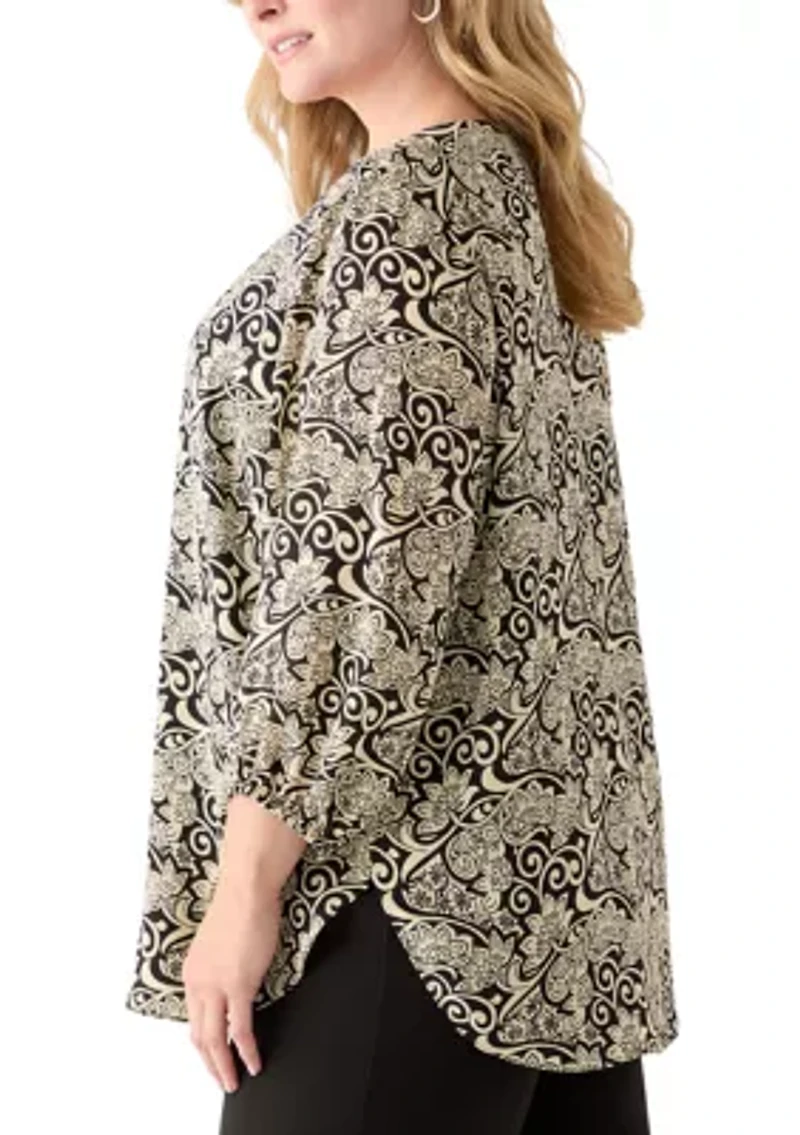 Plus 3/4 Sleeve Ornate Print Top