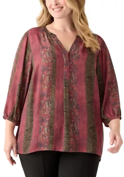 Plus 3/4 Blouson Sleeve Printed Popover Blouse