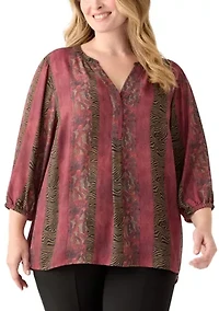 Plus 3/4 Blouson Sleeve Printed Popover Blouse