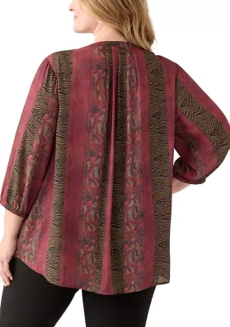 Plus 3/4 Blouson Sleeve Printed Popover Blouse