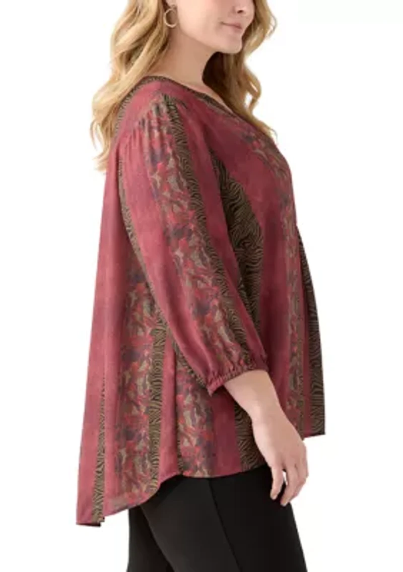 Plus 3/4 Blouson Sleeve Printed Popover Blouse