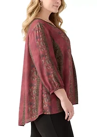 Plus 3/4 Blouson Sleeve Printed Popover Blouse