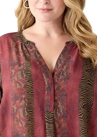 Plus 3/4 Blouson Sleeve Printed Popover Blouse
