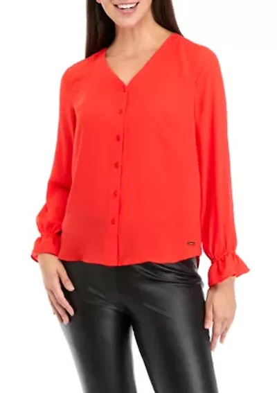 Petite Long Sleeve Button Front V-Neck Blouse