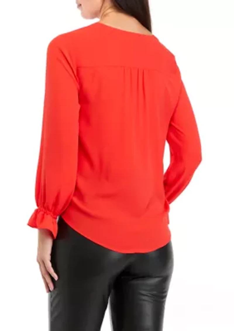Petite Long Sleeve Button Front V-Neck Blouse