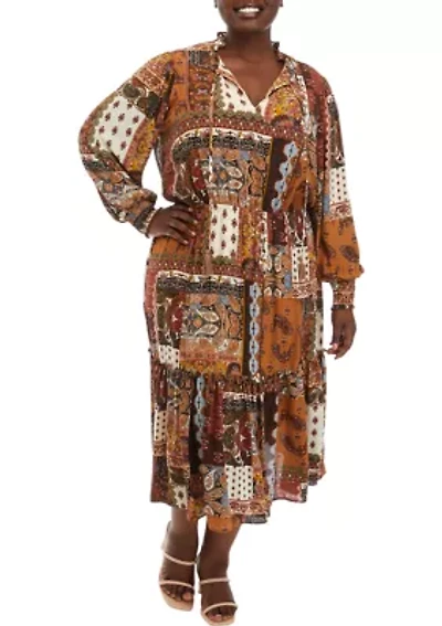 Plus Long Sleeve Ruffle Printed Dress