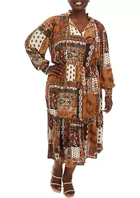 Plus Long Sleeve Ruffle Printed Dress