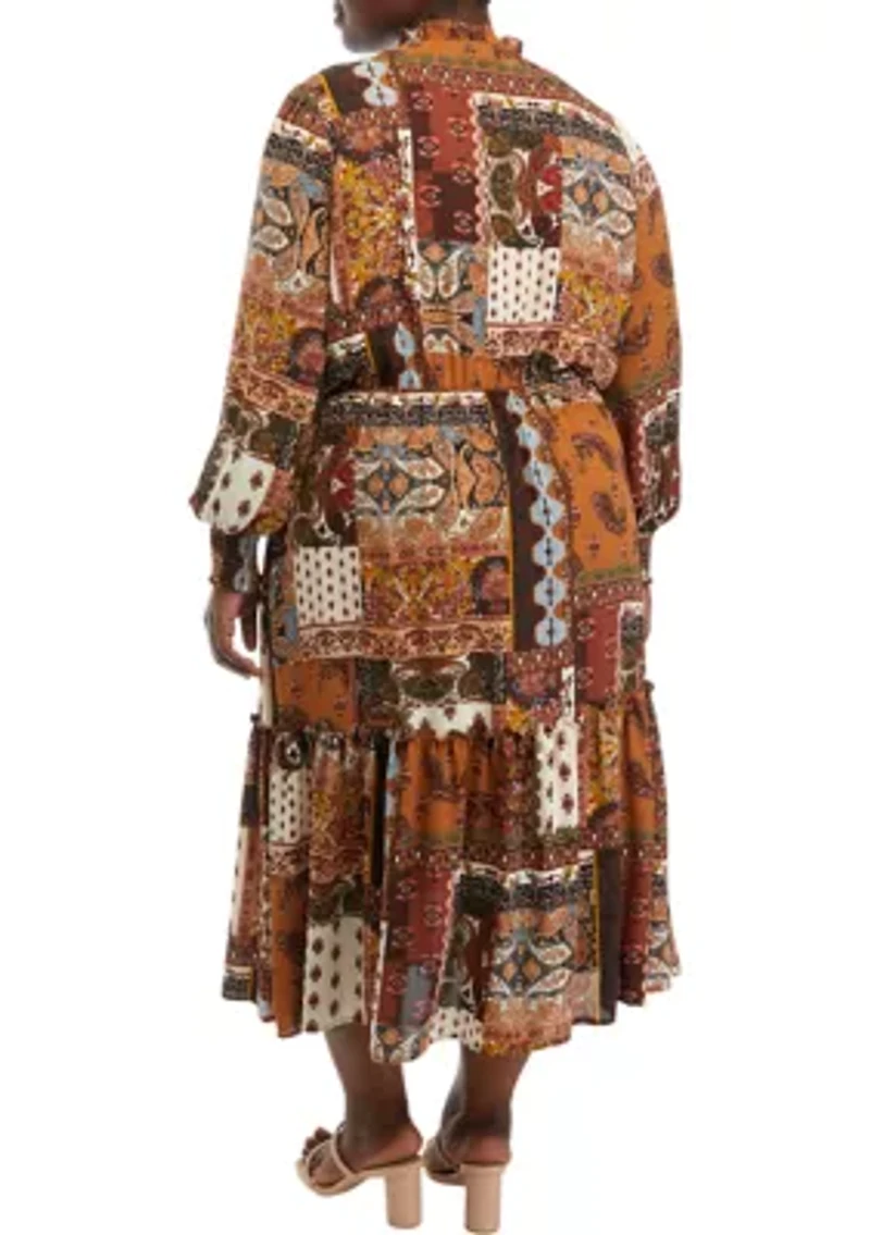 Plus Long Sleeve Ruffle Printed Dress