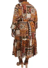 Plus Long Sleeve Ruffle Printed Dress