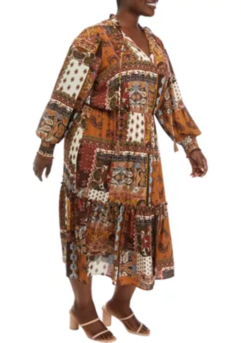 Plus Long Sleeve Ruffle Printed Dress