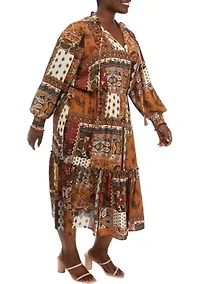 Plus Long Sleeve Ruffle Printed Dress