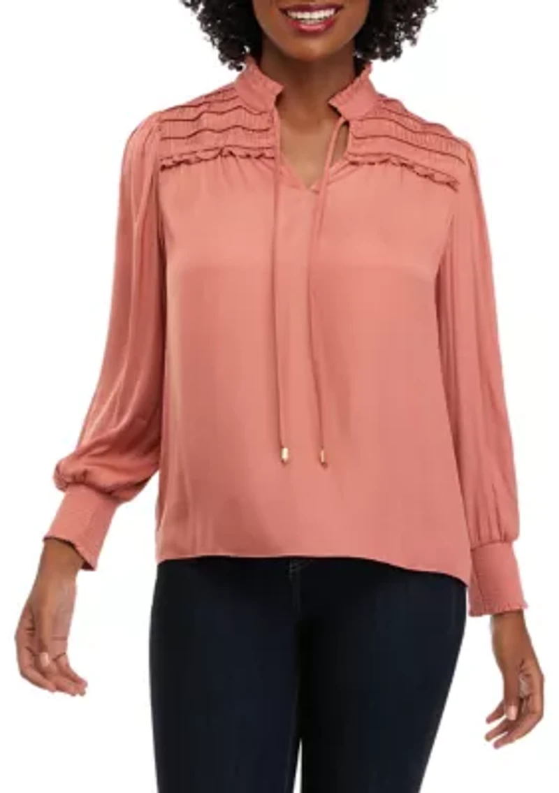 Petite Long Sleeve Split Neck Airflow Ruffle Trim Blouse