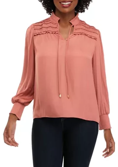 Petite Long Sleeve Split Neck Airflow Ruffle Trim Blouse