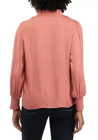 Petite Long Sleeve Split Neck Airflow Ruffle Trim Blouse