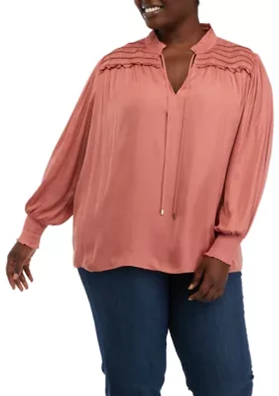 Plus Blouson Sleeve Ruffle Trim Blouse