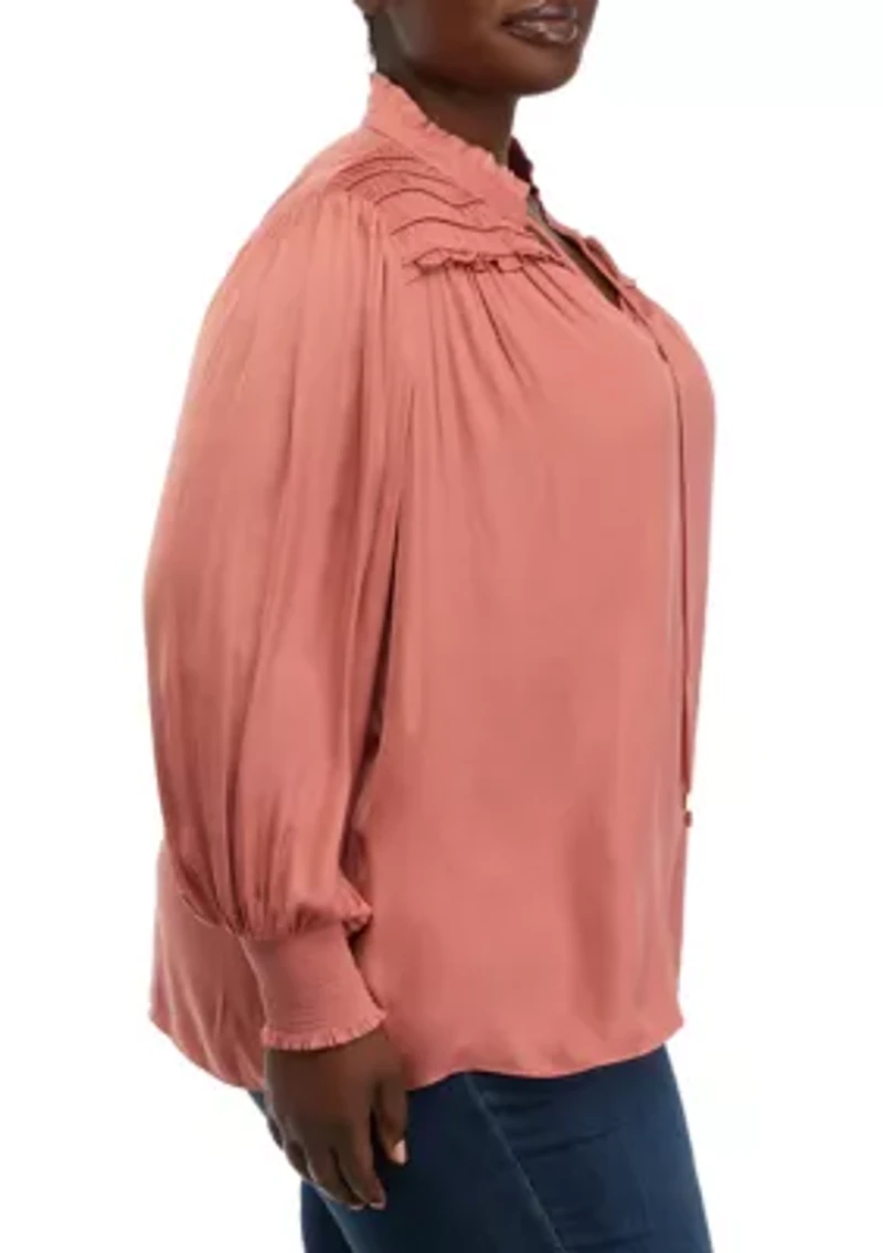 Plus Blouson Sleeve Ruffle Trim Blouse