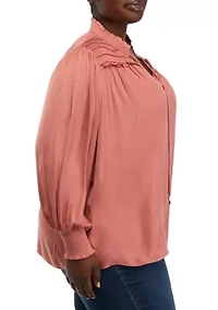 Plus Blouson Sleeve Ruffle Trim Blouse