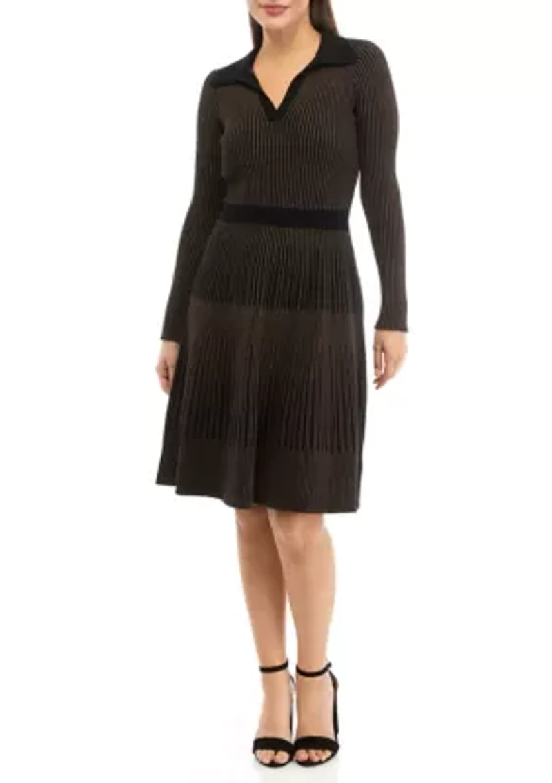 Petite Long Sleeve Collar Ribbed Pleated Dress