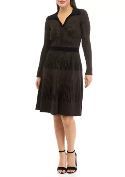 Petite Long Sleeve Collar Ribbed Pleated Dress