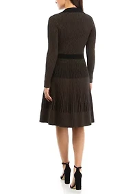 Petite Long Sleeve Collar Ribbed Pleated Dress