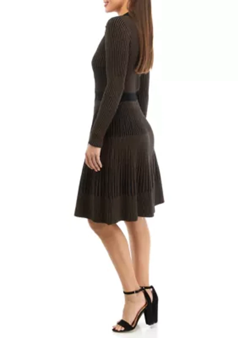 Petite Long Sleeve Collar Ribbed Pleated Dress