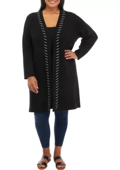 Plus Long Sleeve Whipstitch Open Cardigan