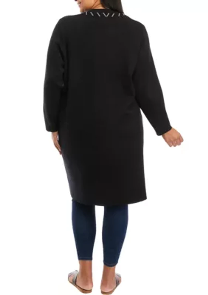 Plus Long Sleeve Whipstitch Open Cardigan