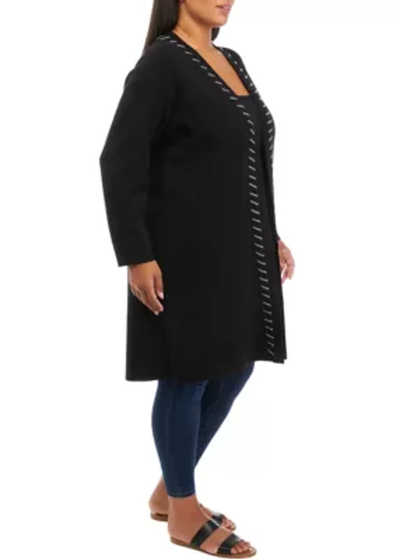 Plus Long Sleeve Whipstitch Open Cardigan