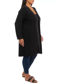 Plus Long Sleeve Whipstitch Open Cardigan